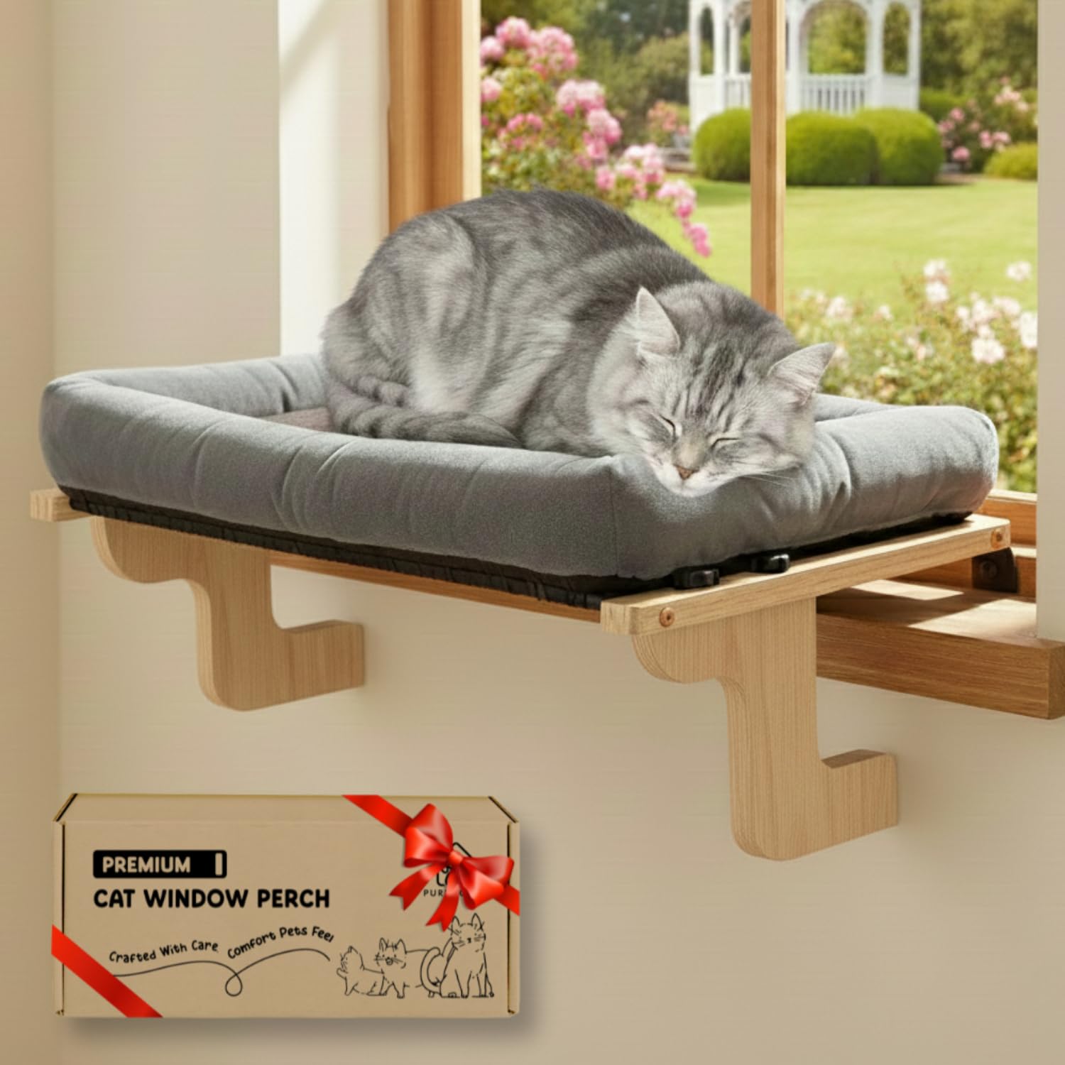 Photo 1 of [Ready to Gift] PURRHOUSE Cat Window Perch with Cushion Bolster and Cool Pad, Cat Hammocks for Windows with Wood & Robust Metal Frame for Large Cats, Beds for Windowsill, Bedside and Cabinet,24''W