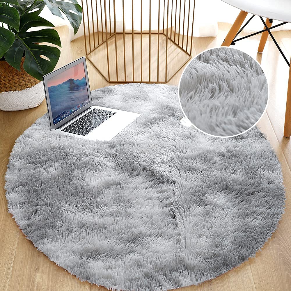 Leesentec Round Rugs Bedroom Carpets Shaggy Rug Fluffy Soft Area Rug Area Rugs for Kids Room Living Room Rugs Deep-Pile Rug Anti Slip Soft Carpet ((160cm, Grey white)