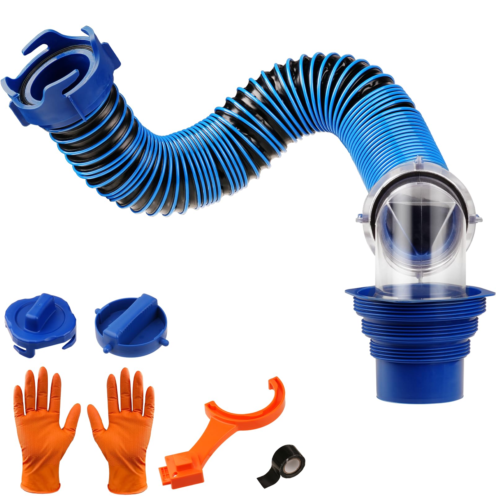 Photo 1 of SheeChung 3FT RV Sewer Hose, Short Camper Sewer Hose for RV Dumping, Heavy-Duty Waste Hose with Swivel Fittings, 90-Degree Clear Elbow, 4-in-1 Adapter, 2 Storage Caps, 1 RV Waste Value Wrench