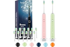 7am2m Electric Toothbrush 2 Pack Set for Kids and Adults, 12 Brush Heads,5 Adjustable Modes, Built-in 2-minute Smart Timer, Wireless Fast Charge for 60 Days,IPX7Waterproof SonicToothbrush(GREEN+PINK)