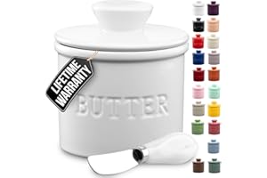 Zulay Kitchen Butter Crock with Lid for Countertop with Water Line - Ceramic French Butter Dish Keeper For Fresh, Soft & Spreadable Butter - White