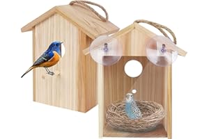 COLORFULLAVIE Window Bird House for Outside with Strong Suction Cup, Upgraded See Through Window Birdhouse for Viewing Inside, Wooden Bird Nesting Box for Bluebird Finch Chickadee Outdoors, Best Gift for Kids
