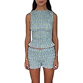 Women 2pcs Smocked Ruffle Shorts Pajamas Set Sleeveless Round Neck Plaid Print Crop Top Elastic Waist Shorts Lounge Set
