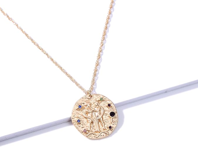 Amazon ファッションファンタジーバロック12星座レリーフコインラウンドブランドガーディアンネックレス レトロ星座金セーターチェーンホットスタイル誕生日ギフトカップルネックレス ゴールド ネックレス 通販