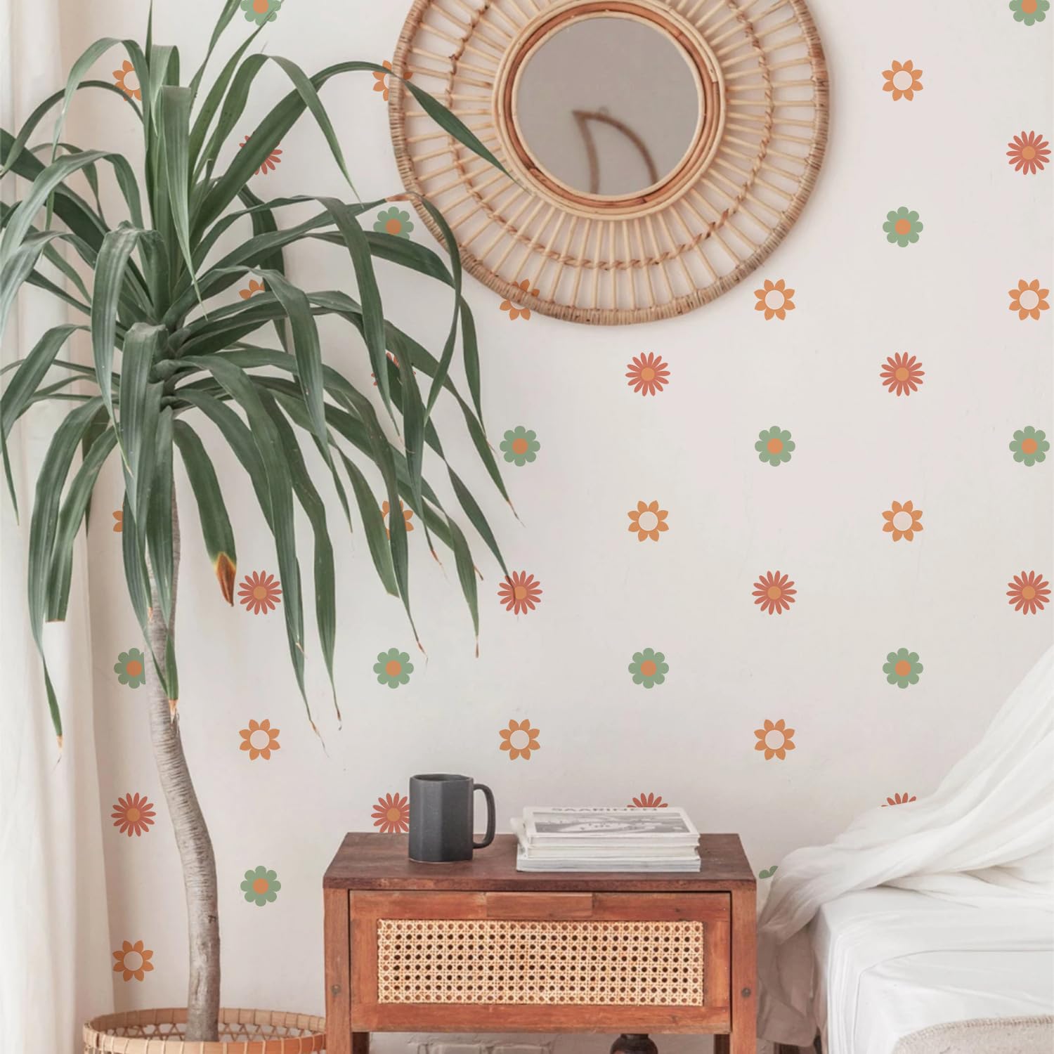 Boho Daisy Flower Wall Decals Retro Floral Wall Stickers Easy to Peel and Stick Floral Vinyl Wall Stickers Baby Nursery Girls Room Bedroom Living Room Home No Residue Party DIY Art Decoration(P42)