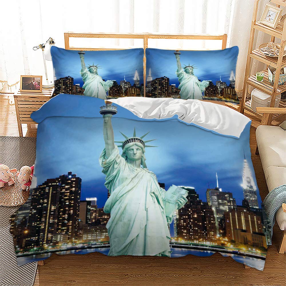 Loussiesd Modern Tower Duvet Cover Set 3D Famous City Pattern Lightweight Soft Microfiber Blue Buildings Quilt Cover Set with Zipper Closure,King Bedding Sets 3PCs (220x240cm)