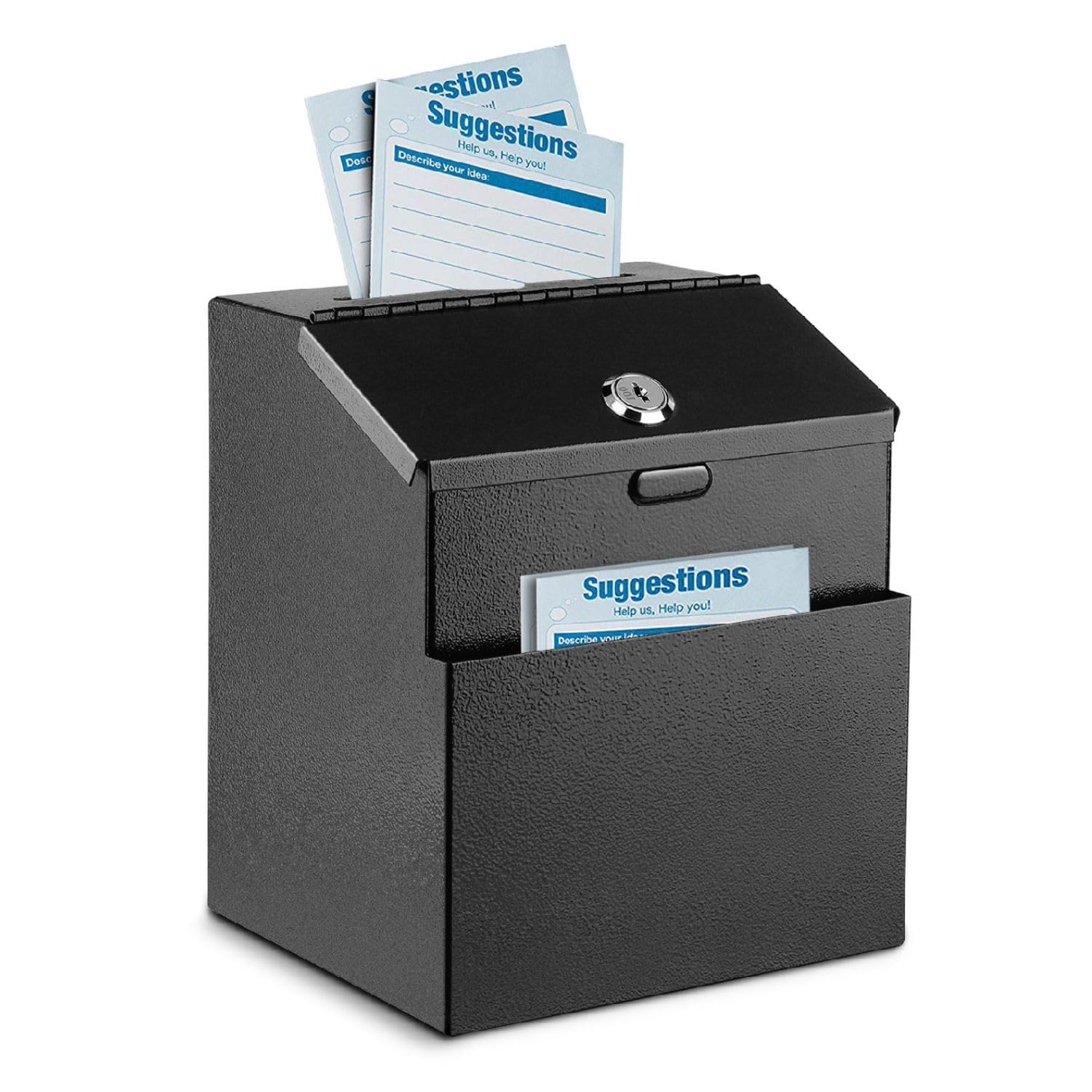 Flexzion Suggestion Box with Slot and Lock - Wall Mounted Locked Ballot & Donation Collection, Metal Drop Safe with Keys, 25 Suggestion Cards, Black Offering Box for Church Prayer Requests