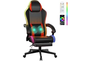 NEXTHRA LED Gaming Chair, Leather Game Chair with Massage Lumbar Support and Footrest, Ergonomic Computer Chair with RGB Lights for Adults and Kids, Red