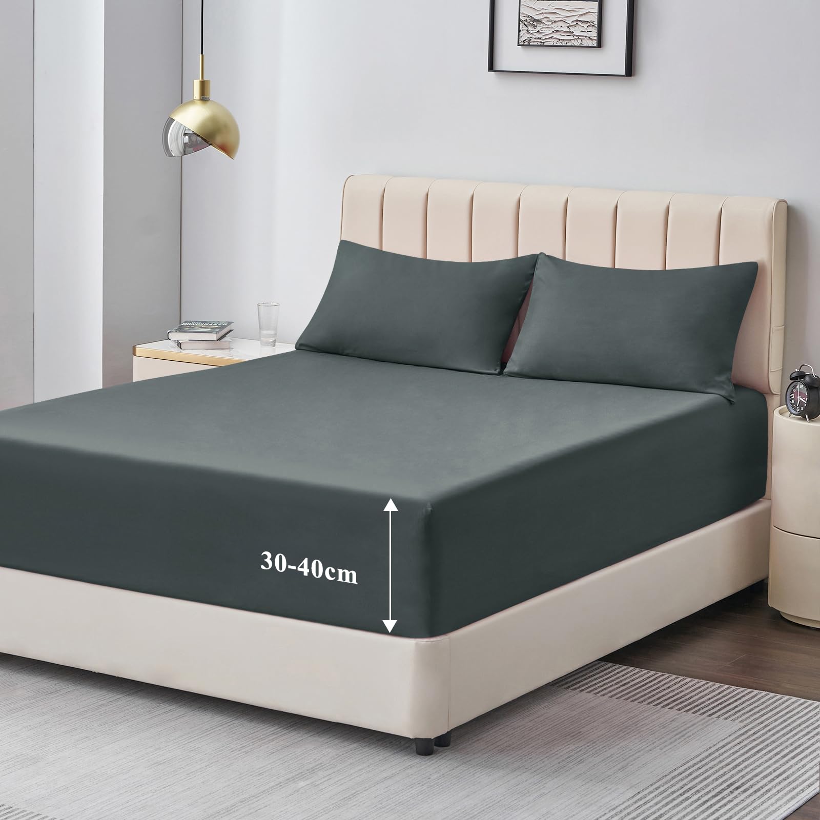 Aisbo Super King Fitted Sheet Dark Grey - Extra Deep Pocket Bed Sheet 16 inch 40 cm - Microfiber Bottom Sheet, 183x200cm