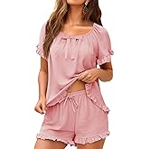 KFUBUO Womens Pajamas Set 2 Piece Ruffle Pj Soft Short Sleeve Tops and Shorts Sleepwear Set Cute Pajama Sets for Women