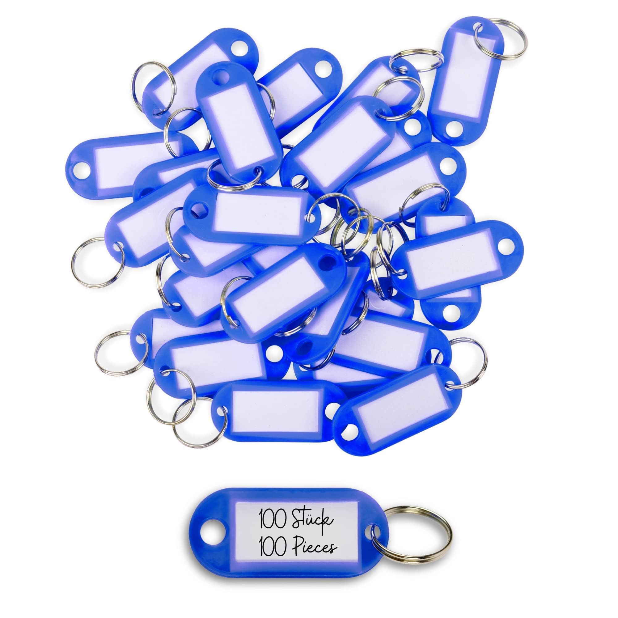 WINTEX Key Ring with Tags - 100 pcs - Heavy Duty Plastic Fobs with Labels - Coloured Key Chain Rings for Organising, Travelling, or Pets - Blue
