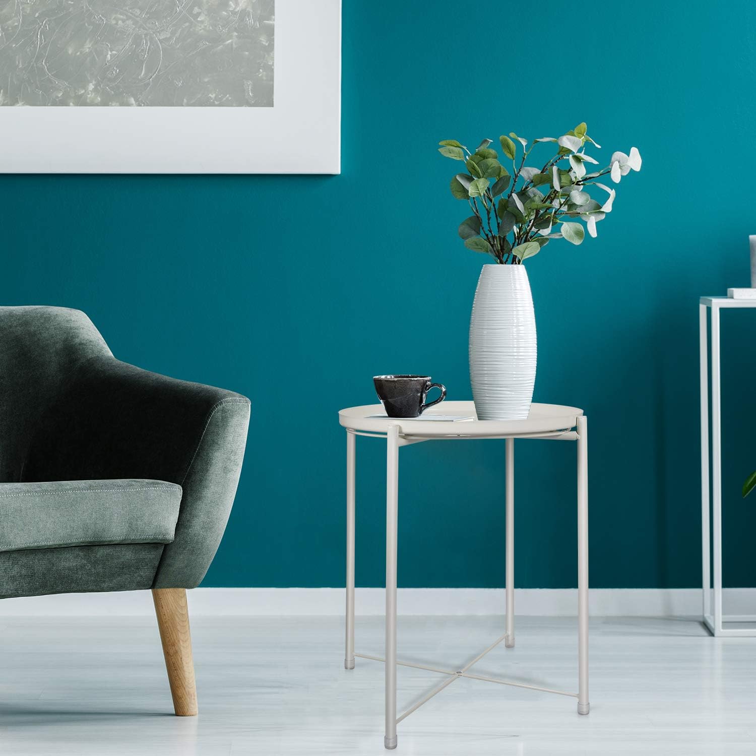 White 40 Cm Foldable Accent Coffee Table Sofa Table Small Round Side Tables Round Tray End Table D H 52 X Tray Metal End Table Anti Rust And Waterproof Outdoor Indoor Snack Table