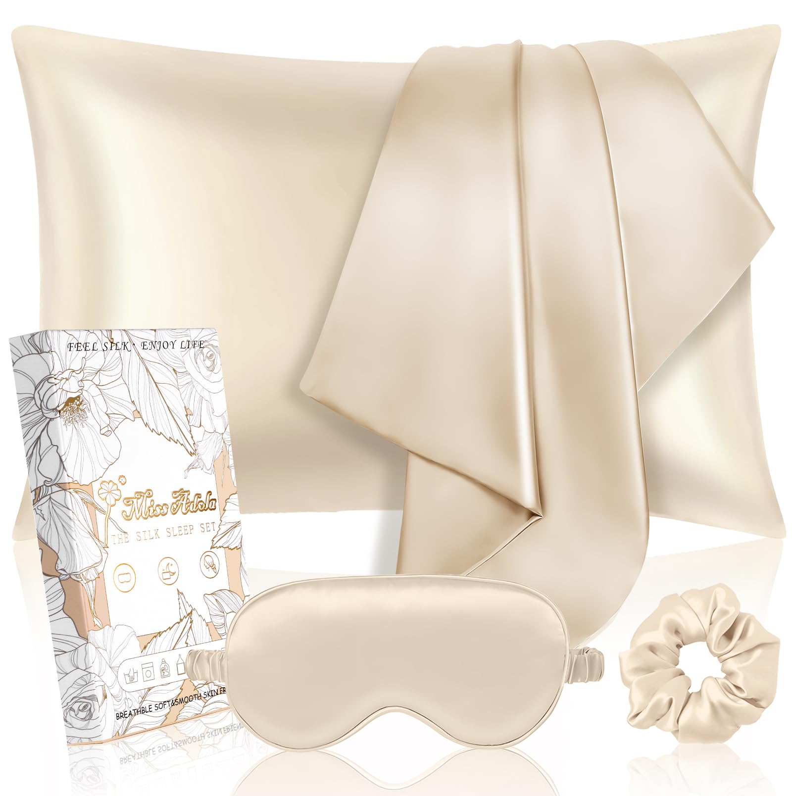 Miss Adola Mulberry 1Pack Silk Pillow Case for Hair and Skin 19 Momme Standard 75 x 50cm Pillowcase with Eye Mask & Scrunchie Soft Silk Pillowcase Sleeping Gift for Women, Gold