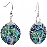Handmade Round Disc Abalone Shell Dangle Earrings for Women, Silver Wire Craft Tree of Life Earrings