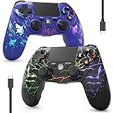 ISHAKO 2 Pack Controller for PS4, Wireless Controller for PS4/Pro/Slim/PC/Mac, Gaming Controller with RGB Lighting, 1000mAh Battery, Double Vibration, 6-Axis Motion Control (Purple&Black, 2Pack)