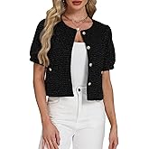 Women's Tweed Blazers Jackets Cropped Puff Short Sleeve Collarless Work Suits Coat with Pockets
