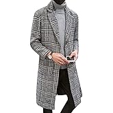UANEO Mens Winter Trench Coat Notched Collar Single Breasted Plaid Mid Long Peacoat Overcoats with Pockets