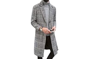 UANEO Mens Winter Trench Coat Notched Collar Single Breasted Plaid Mid Long Peacoat Overcoats with Pockets