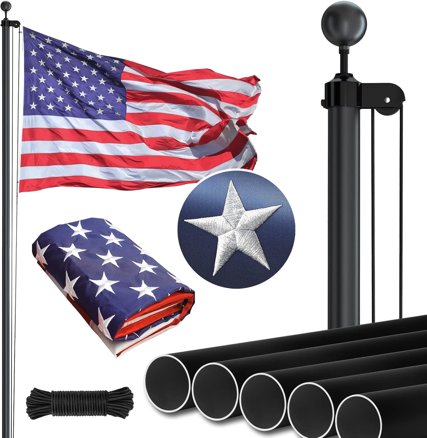 Flagpole Hardware - NELXINJO Heavy Duty 25FT Flag Pole with Embroidered Stars 3x5 American Flag-13 Gauge Extra Thick Aluminum Flagpole kit for House Yard Commercial Residential