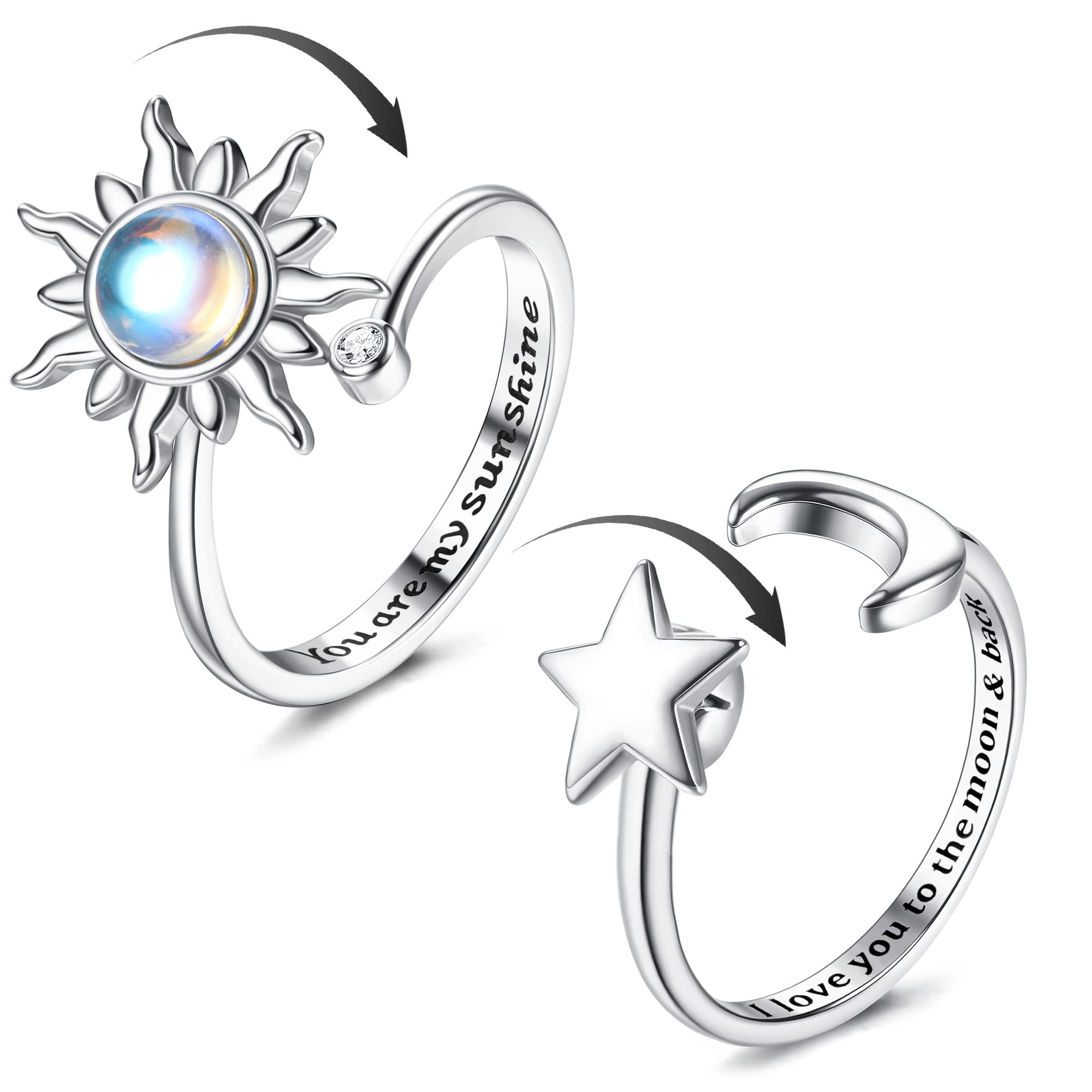 ADRAMATA 2Pcs Silver Anxiety Rings for Women - Sunflower Fidget Ring - You are My Sunshine - Moonstone Anti Stress Ring - Adjustable Open Spinner Rings for Anxiety Women