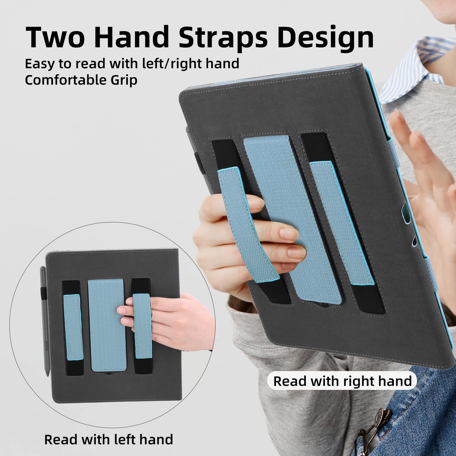 WALNEW Stand Case for Kindle Scribe 10.2 Inch (2024/2022 Released) – Two Hand Straps Premium PU Leather Cover with Auto Sleep/Wake and Pen Holder for Amazon Kindle Scribe Ereader (New Blue)