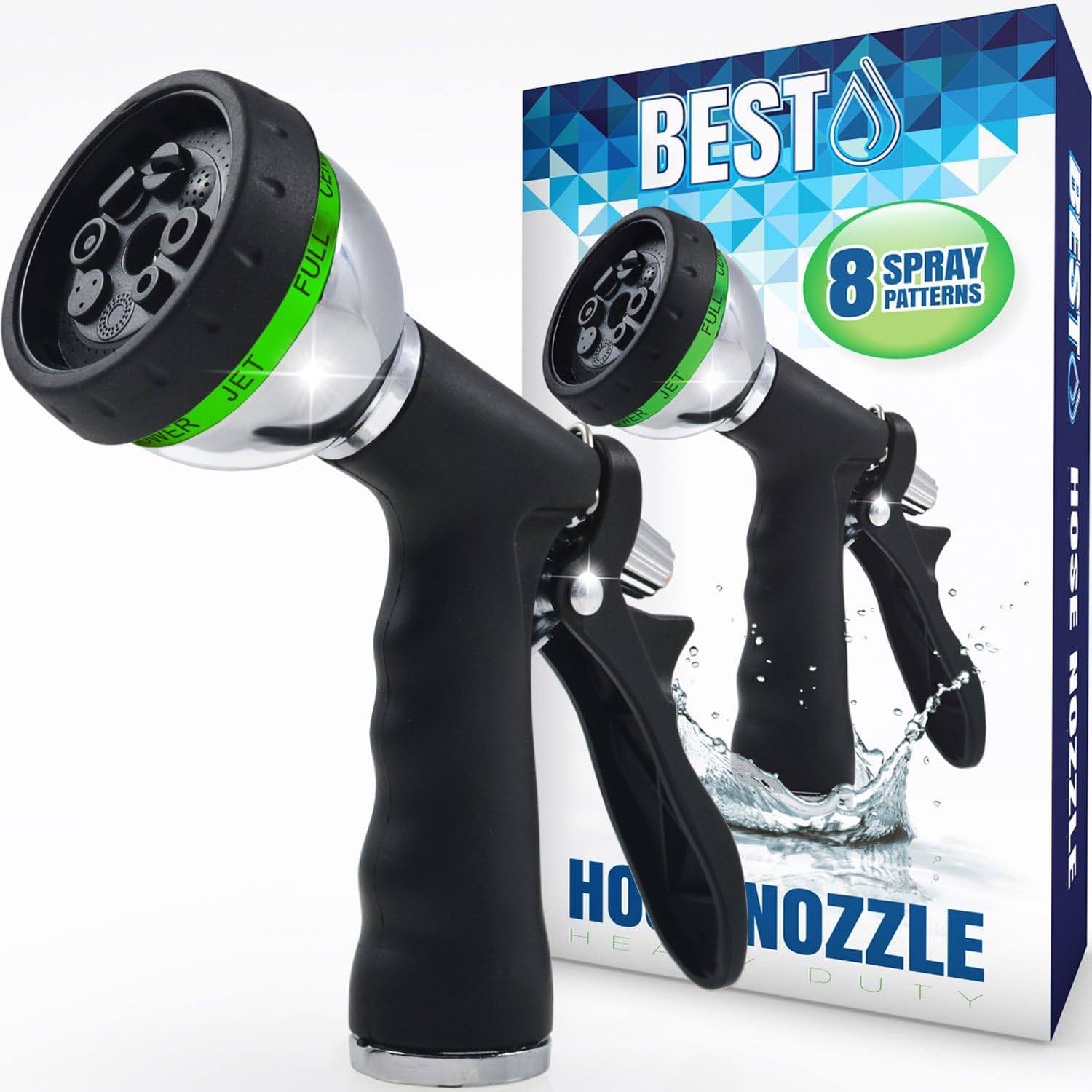 BEST Garden Hose Nozzle (HIGH Pressure Technology) - 8 Way Spray Pattern - Jet, Mist, Shower, Flat, Full, Center, Cone, and Angel Water Sprayer Settings - Rear Trigger Design - Steel Chrome Design: Automotive