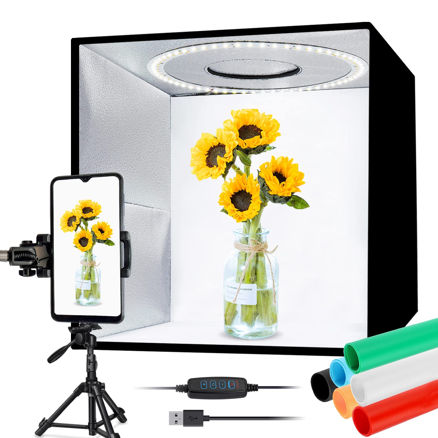 Light Box Photography 12"/30cm, Tumax Portable Photo Light Box with Adjustable Brightness & 3 Colour Temperatures, Foldable Shooting Tent with 120pcs LED Lighting, 6 Colour Backgrounds for Watch, Food