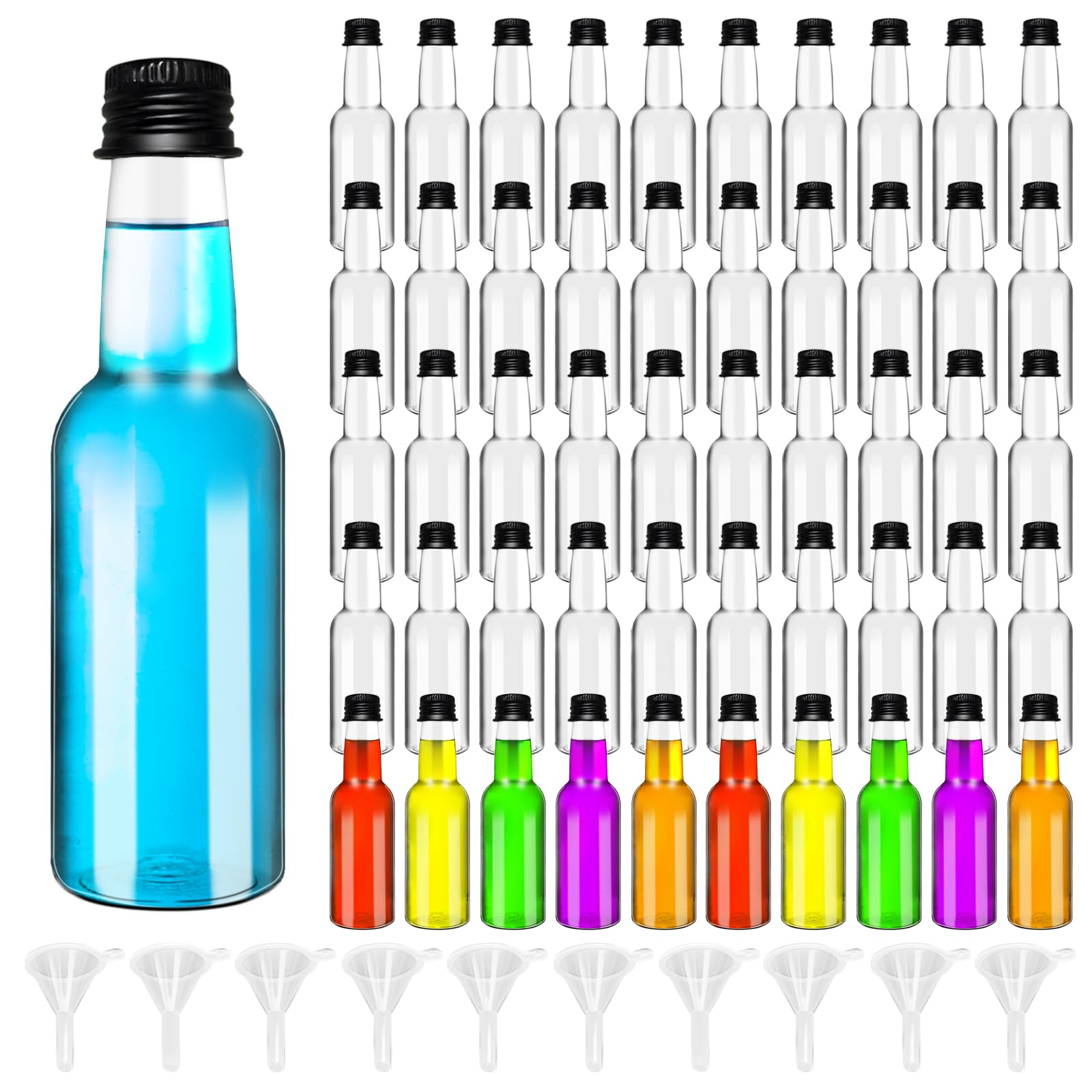 Photo 1 of 50 Pack 2 oz Mini Liquor Bottles with Black Cap, Airtight Plastic Spirit Bottle with 10 Funnels, Plastic Alcohol Shot Bottles for Weddings, Party Supplies