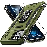 DEERLAMN Case for iPhone 15 Plus with Slide Camera Cover+Screen Protector(1 Pack), Rotated Ring Kickstand Military Grade Shockproof Protective Cover 6.7 Inch-Olive Green