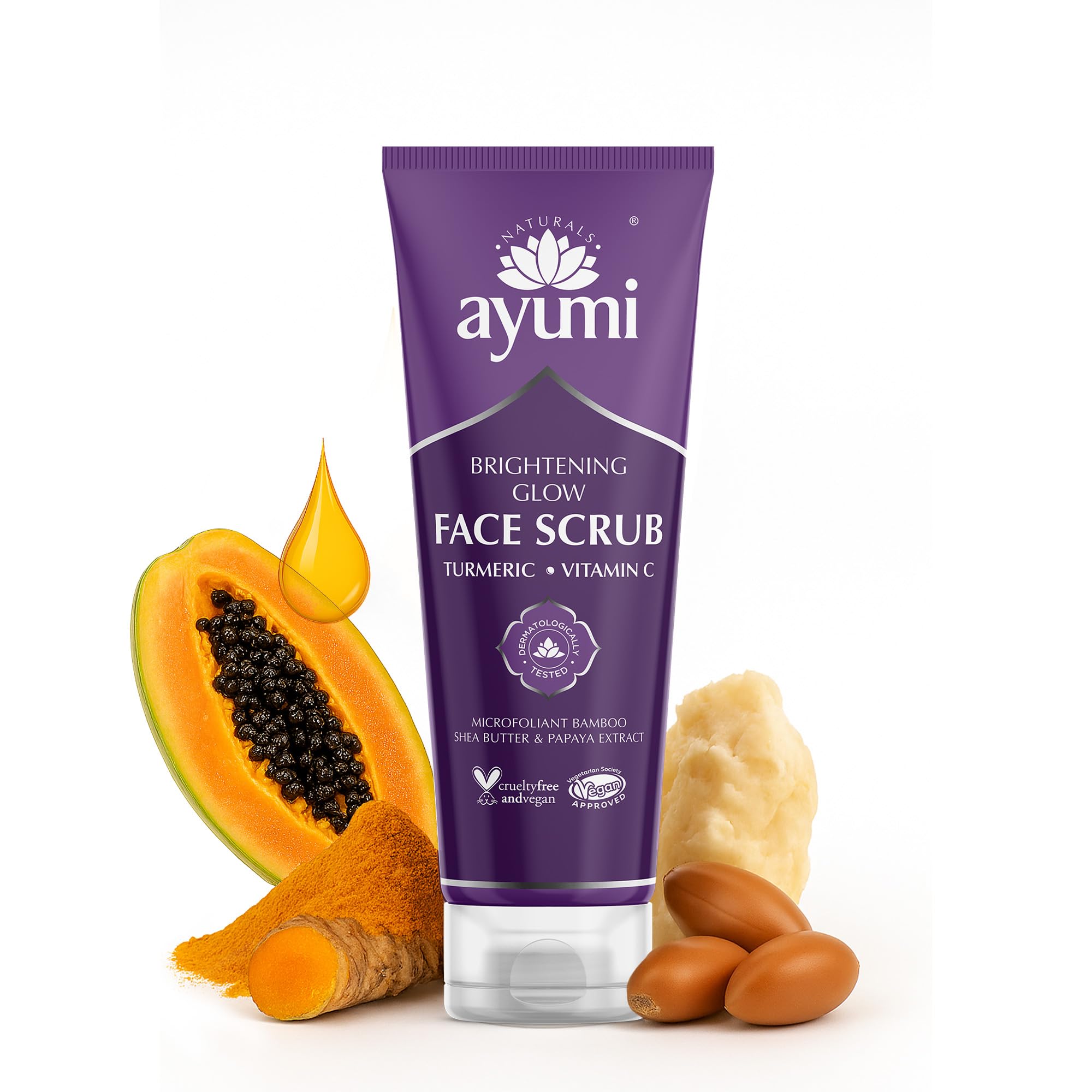 Ayumi Turmeric Brightening Face Scrub | Ideal Scrub with Vitamin C for Dull Skin | Exfoliating Face Scrub with Papaya Extract | Hydrating Scrub with Avocado & Argan Oil for Dehydrated Skin |1x 125ML