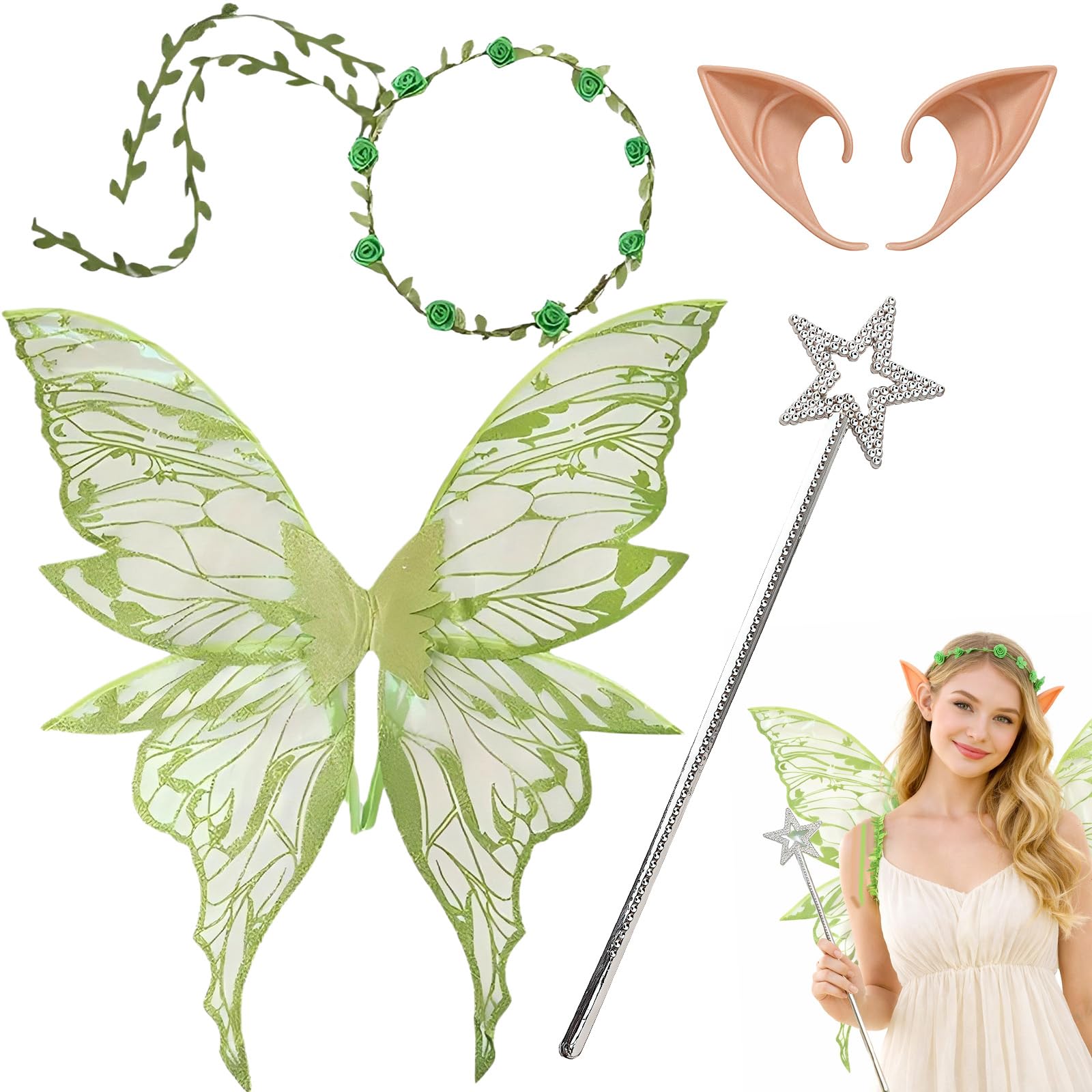 AWAVM 4PCS Angel Costume Accessories,Angel Princess Fancy Dress Up Costumes,Fairy Wings Costume Set,Large Sparkle Butterfly Wing,Elf Ears Flower Girl Wand for Halloween Birthday Chrismas