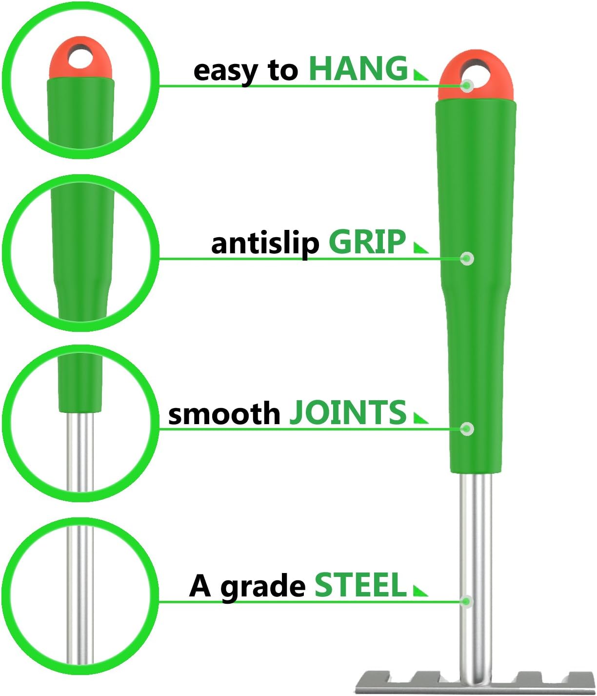Wild and Green Gardening Tools 4-Piece Set Includes a Short Hand Shovel 3-Prong Cultivator and 2 Hand Rakes Ideal for Window Box and Flower Bed Planting