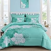 Luxudecor Floral Comforter Set King Size, 7 Pieces Bed in a Bag Aqua Floral Comforter and Sheet Set, Soft Microfiber Aqua Complete Bedding Sets for All Seasons