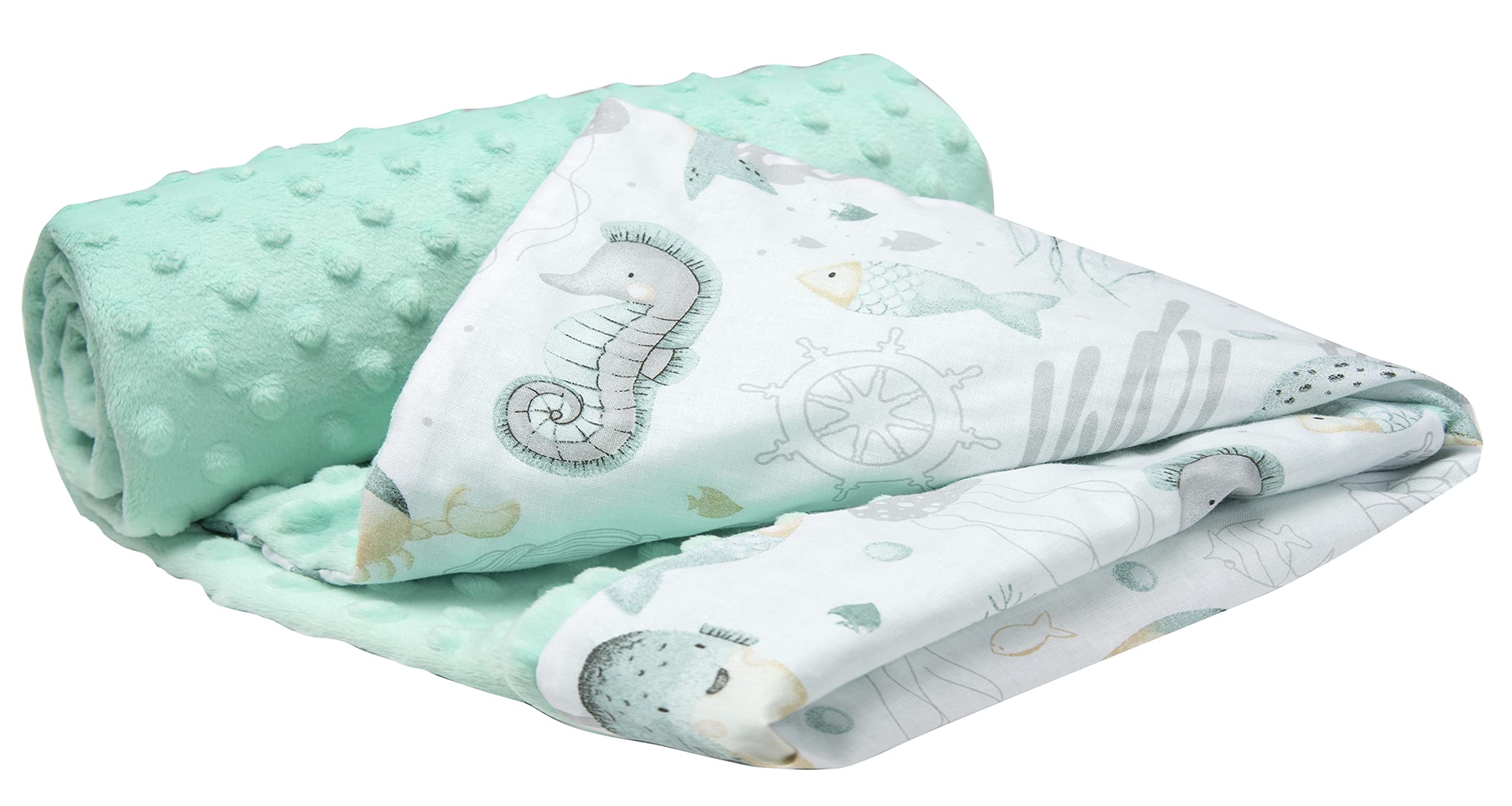 Medi Partners Baby Blanket Newborn Pram Soft 100% Cotton 75x100 Cot Toddler Comfort universal Cuddly Fluffy Crawling Plush bilateral Blankets (Ocean with mint Plush)
