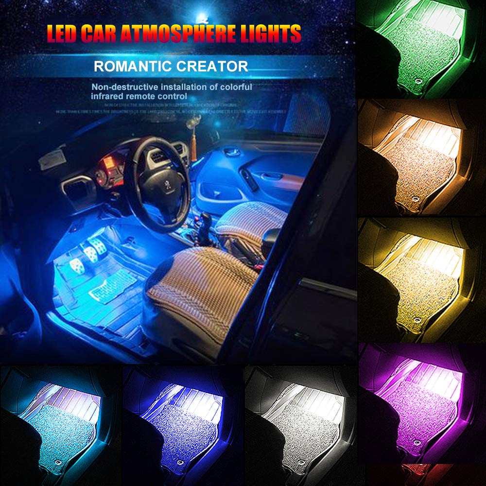 FICBOX Car LED Strip Lights, 4pcs 48 LED Multi Color Music Car Strip Light Under Dash Lighting Waterproof Kit with Sound Active Function and Wireless Remote Control,Car Charger Included