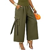 stylewe Wide Leg Pants for Women High Waisted Elastic Waist Casual Cropped Palazzo Trousers with Cargo Pockets