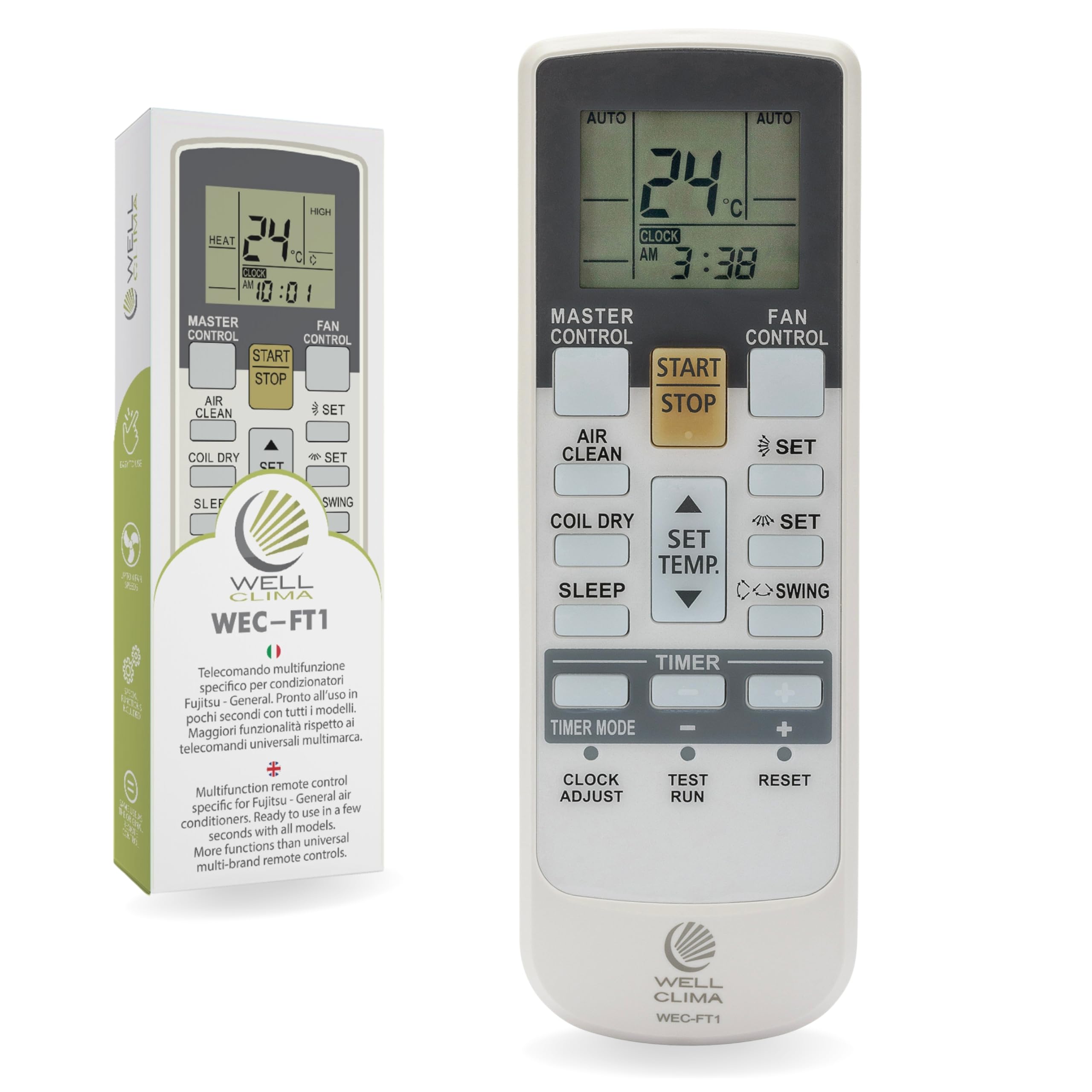 Wellclima WEC-FT1 Remote Compatible with Fujitsu and General Air Conditioners, Original Design, Advanced Features, Up to 4 Fan Speeds, Ready to Use in Seconds