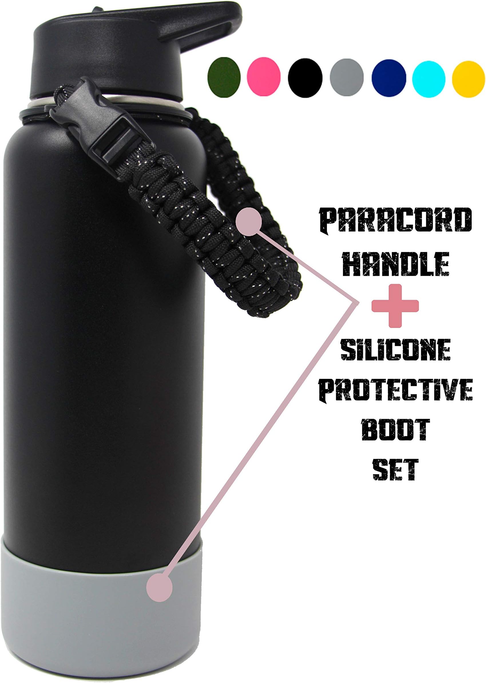 One MissionX Paracord Handle & Protective Bottom Silicone Boot Cover Set - Compatible with Hydro Flask 32 & 40 oz and Other Similar Stainless Steel Water Bottles
