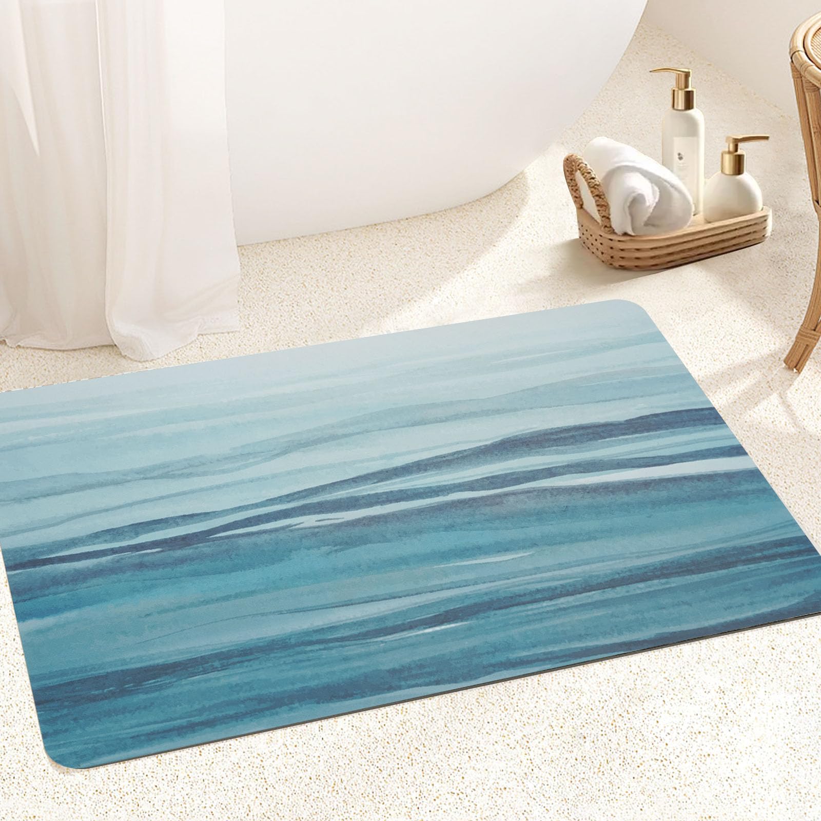Photo 1 of FRESHMINT Soft Abstract Bath Mat Watercolor Bathroom Mat Non-Slip Qucik Dry Bath Rugs Thin Washable Seascape Shower Floor Mats with Super Water Absorbent Layer & Rubber Backing, 20"x32", Teal