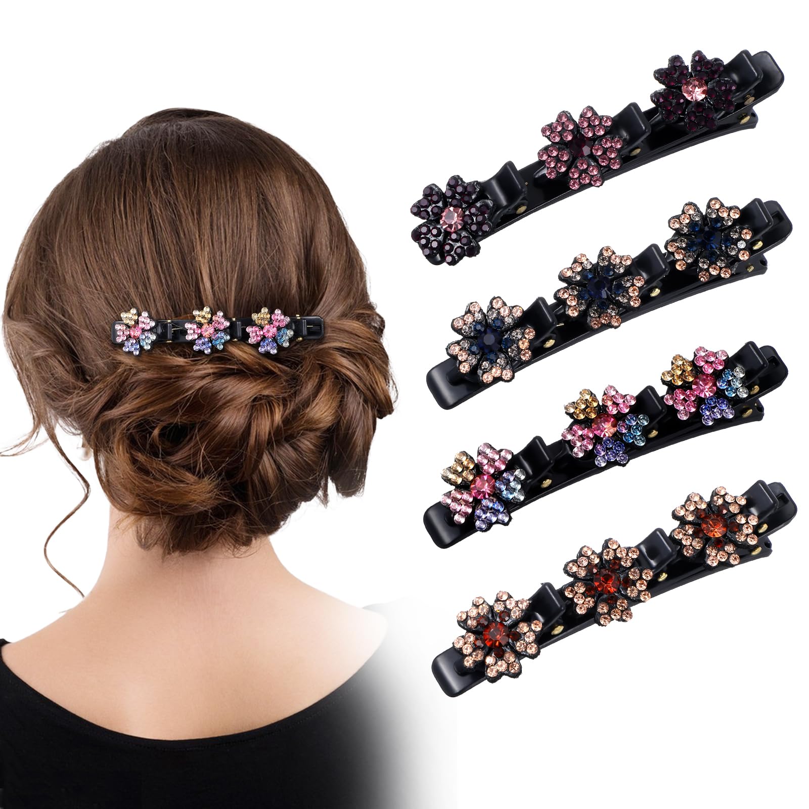 Photo 1 of Nogeqi 4PCS Sparkling Crystal Stone Braided Hair Clips, Shiny Fancy Hair Clips Elegant Four-Leaf Clover Braided Hair Clips for Women Styling, Braid Rhinestone Hair Accessories for Women Girls