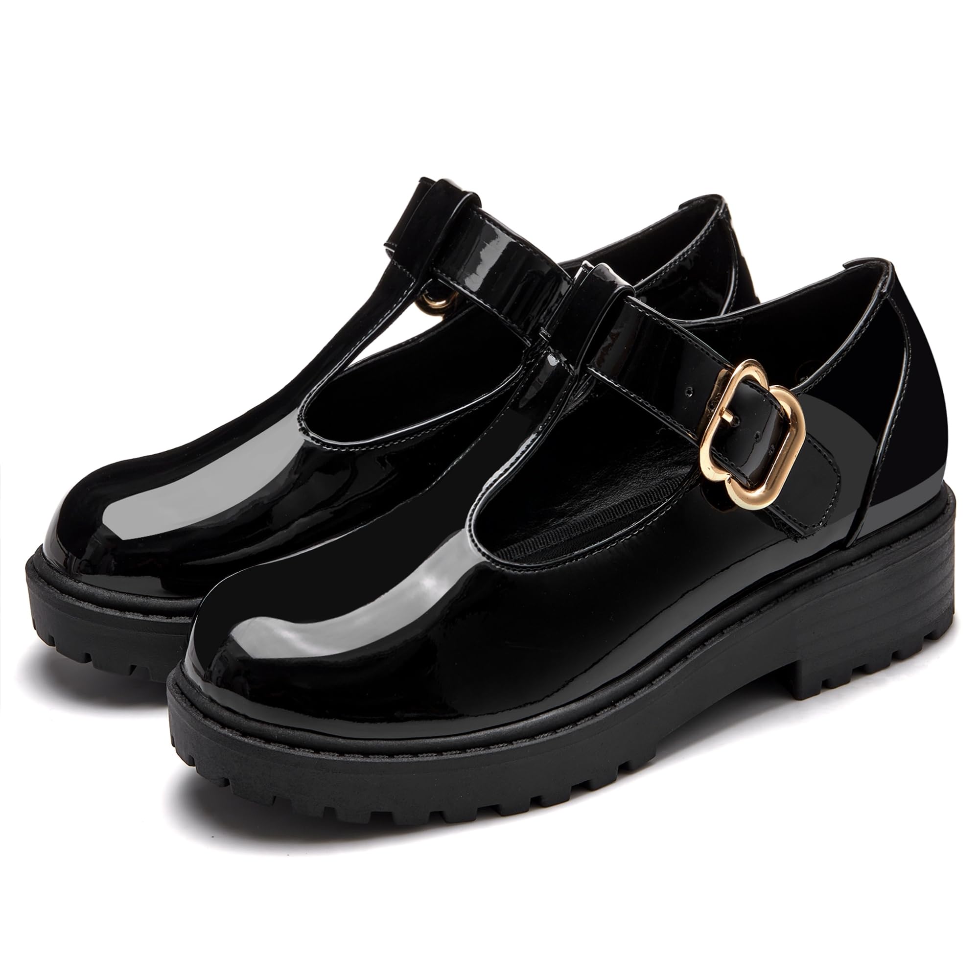 Coutgo Girls Mary Jane Dress Shoes Platform Loafers School Uniform Chunky Heel Closed Toe T-Strap Flats