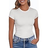 PALINDA Women's Short Sleeve Crew Neck Fitted Shirts Basic Casual Stretchy T Shirt Workout Tops