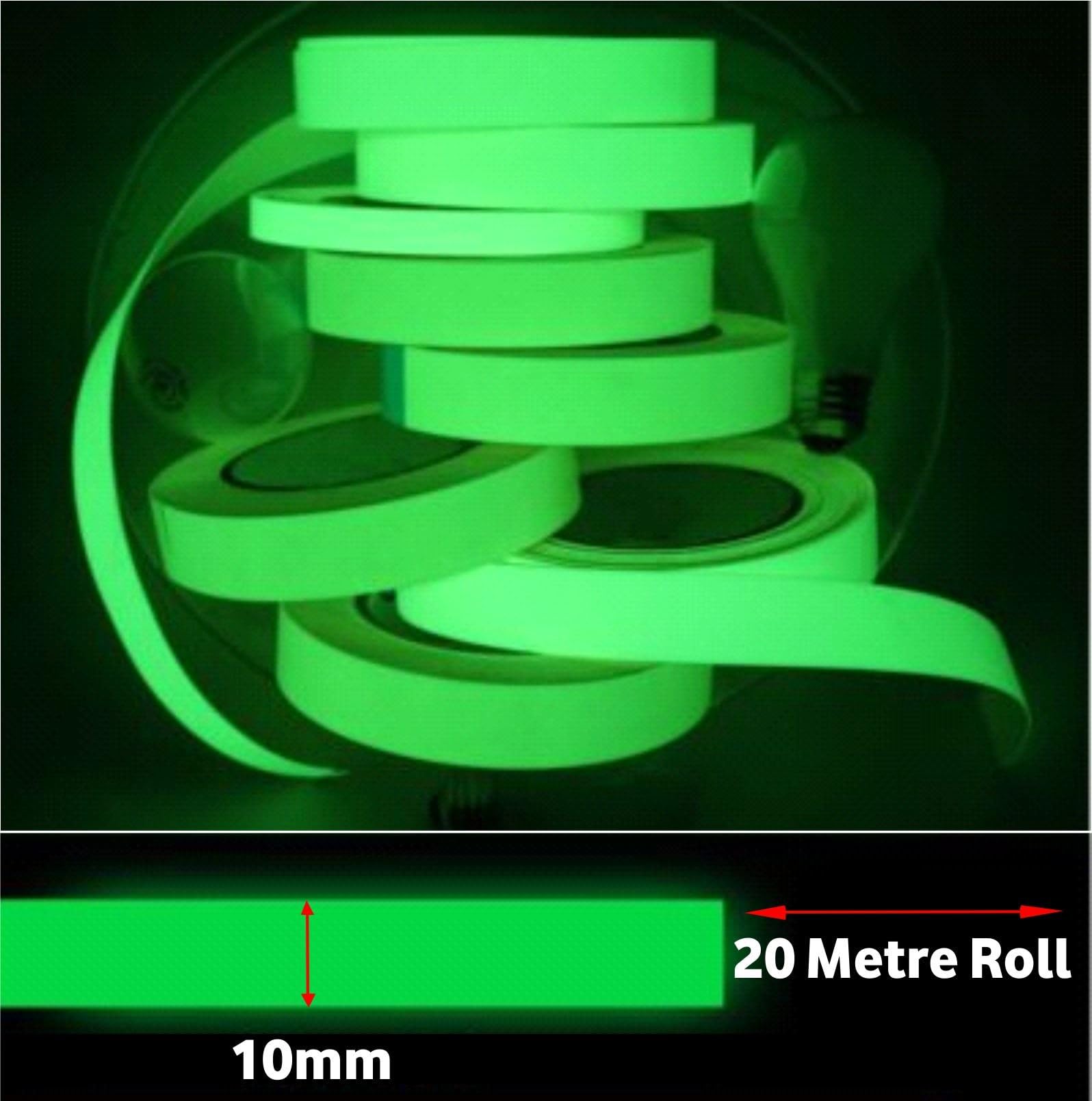 10mm Self Adhesive Photoluminescent Luminous Glow In The Dark Tape (20 Metre)