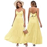 HTZMO Women Casual Summer Floral Maxi Sundress V Neck Spaghetti Strap Bow Tie Backless Flowy Boho Beach Long Dress 2026