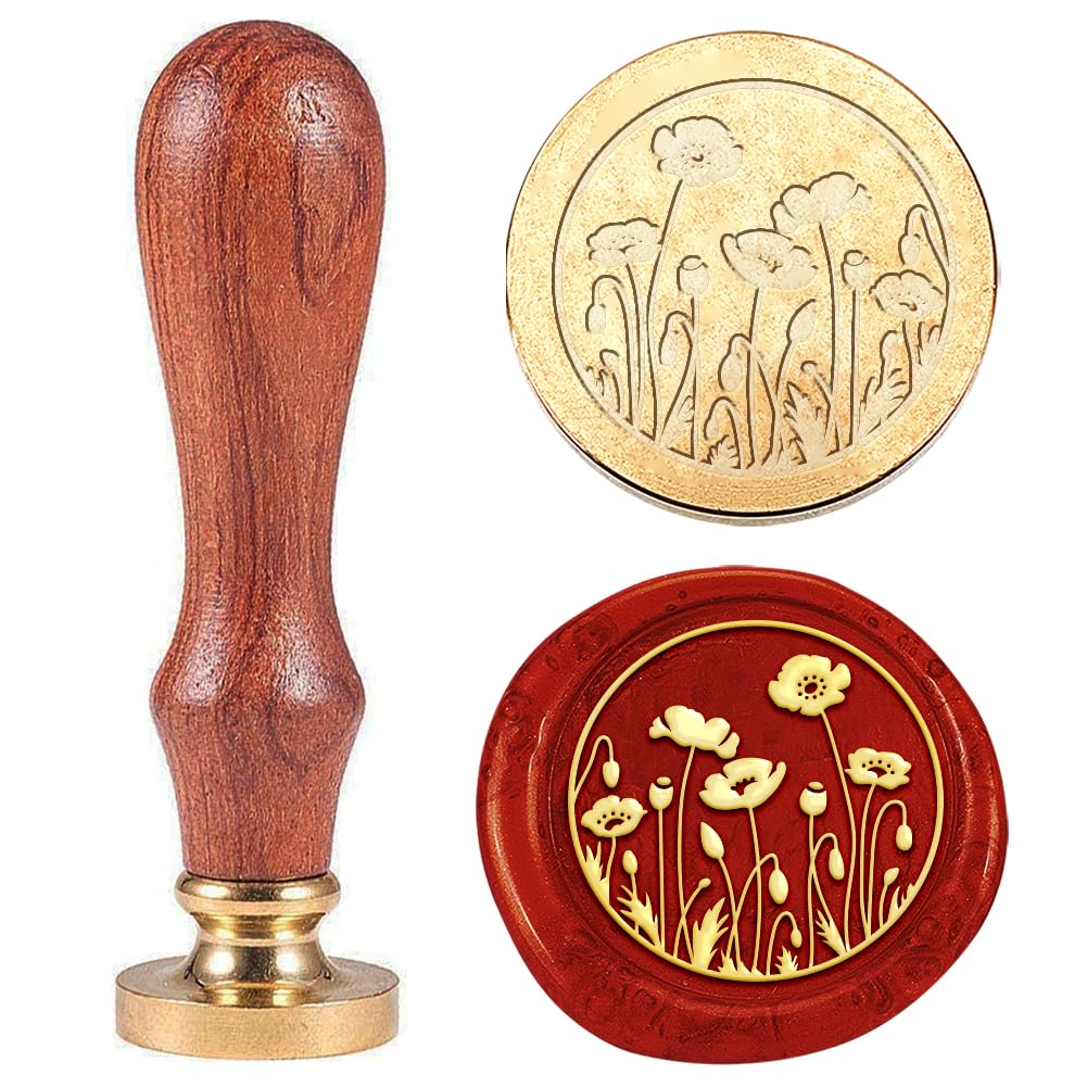 Hobbspring 1pc Vintage Flower Wax Seal Stamp Poppies Sealing Wax Stamp 25mm Removable Brass Stamp Head with Wooden Handle for Envelopes Wedding Embellishment Bottle Decoration Back to School