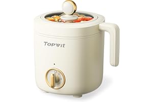 TOPWIT Hot Pot Electric Pot for Cooking, Ramen Cooker 1.2L, Non-Stick Portable Noodles Cooker for Pasta, Soup, Steak, Oatmeal, College Dorm Room Essentials, Shabu Shabu Pot with Power Adjustment,Beige