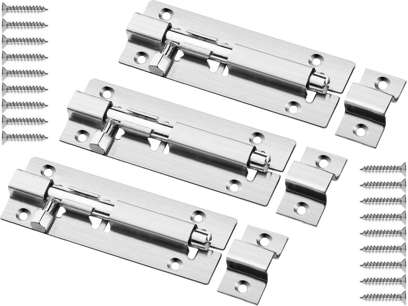 3 Pack Door Bolts Lock Gate Bolt 100mm (4'') Heavy Duty Door Security Bolts Barrel Slide Bolt Stainless Steel Straight Tower Bolt for Increasing Security on Shed Door Garden Yard Garage Gates(Silver)
