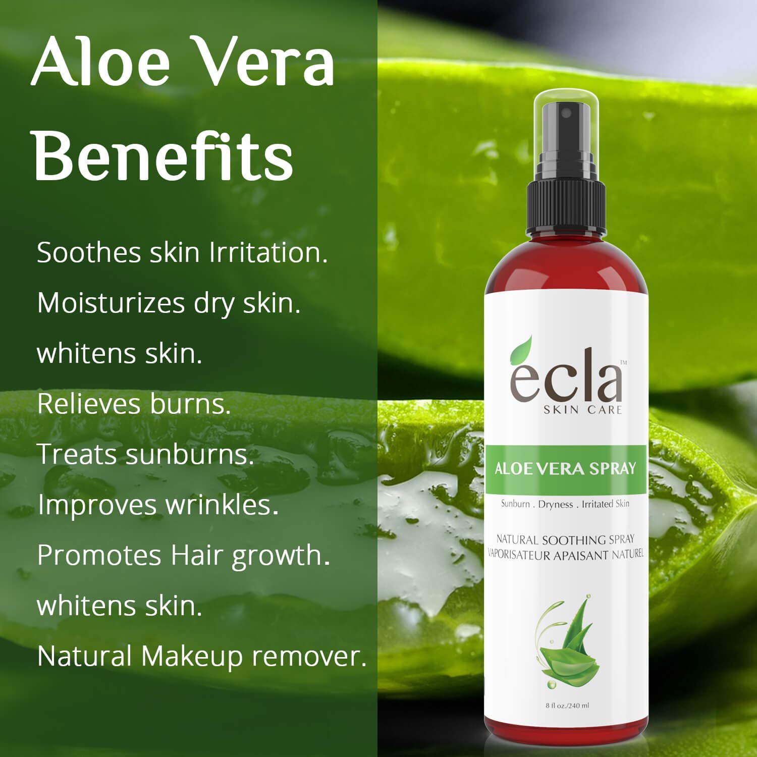 Aloe Vera Spray Mist for Face Body and Hair - Made in Canada with Organic Real Juice (Not Powder) and Seaweed 8 Oz - 240ml Natural Formula Toner to Moisturize and Rebalance Skin and Relieve Sunburns