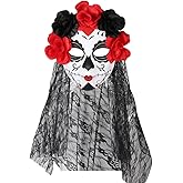 KIHOARL Day of The Dead Sugar Skull Mask with Veil and Rose Flower Crown Mexican Dia de Los Muertos Halloween Lace Mask for Masquerade Cosplay Party Costume Accessory
