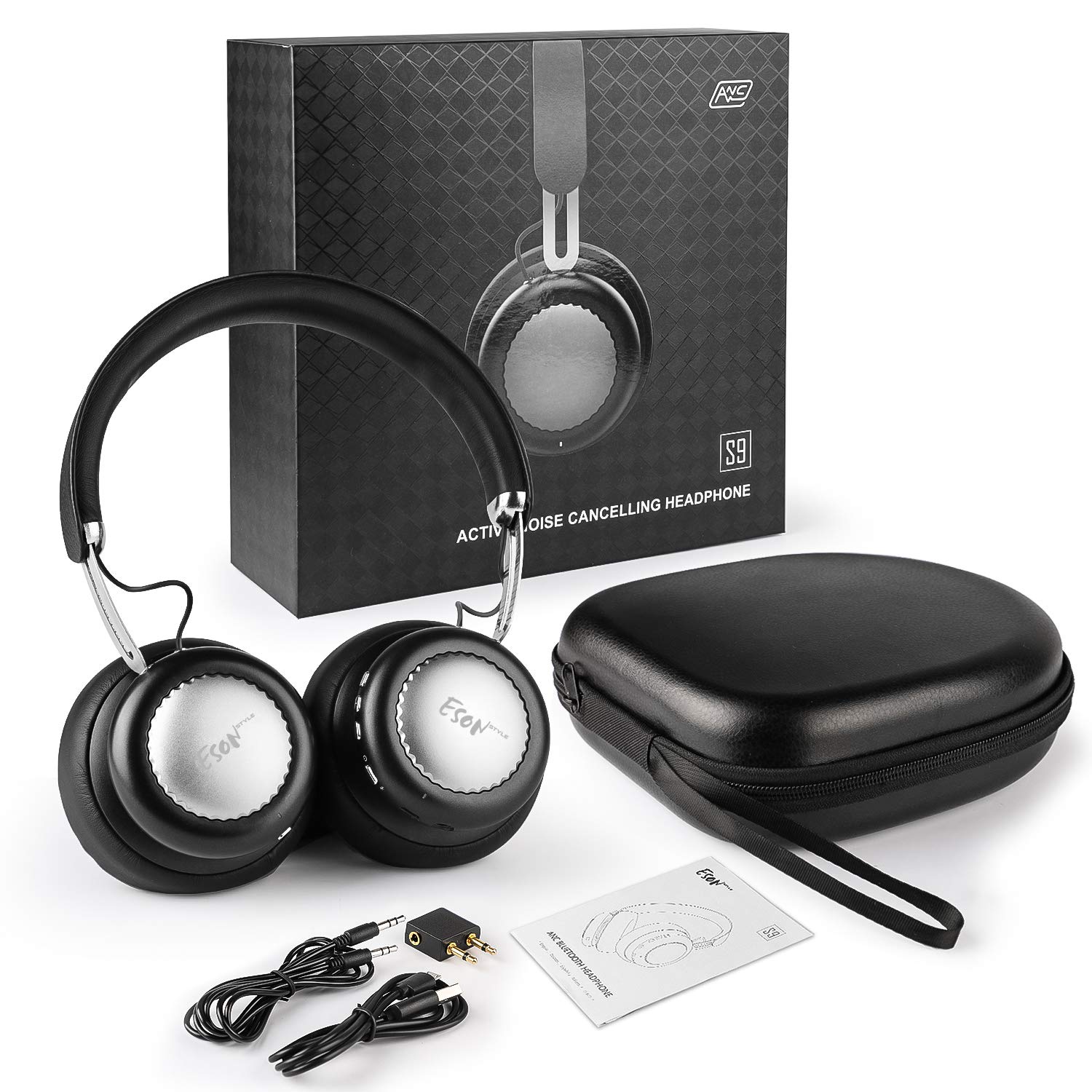 Esonstyle S9 Active Noise Cancelling Headphone Bluetooth Headphones with Mirophone Deep Bass Headset Comfortable Earpads for Travel Work TV (Silver)